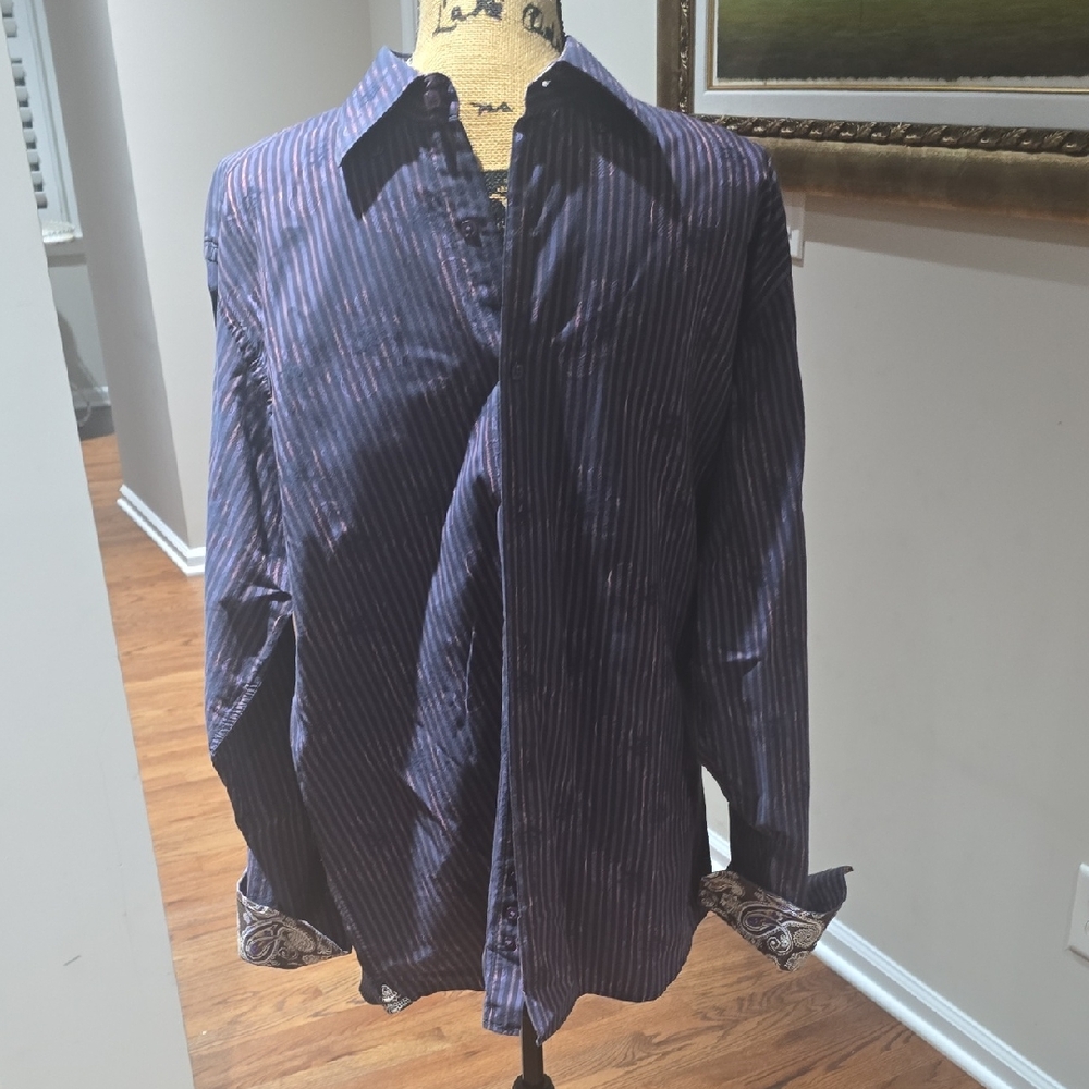 Men's Elegant Purple And Navy Striped Button-Down Shirt With Paisley